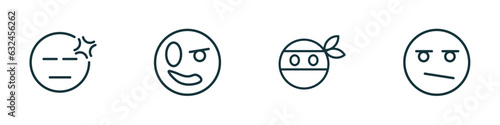 set of 4 linear icons from emoji concept. outline icons included headache emoji, proud emoji, ninja bored vector