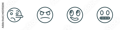 set of 4 linear icons from emoji concept. outline icons included lying emoji, angry emoji, imagine nervous vector
