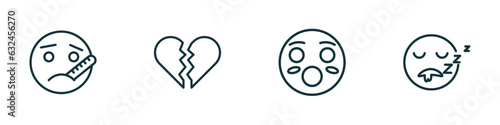 set of 4 linear icons from emoji concept. outline icons included ill emoji, broken heart emoji, hushed sleeping vector