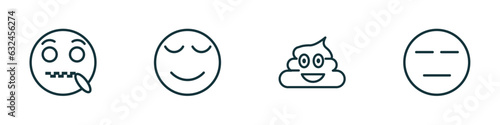 set of 4 linear icons from emoji concept. outline icons included secret emoji, calm emoji, poo expressionless vector