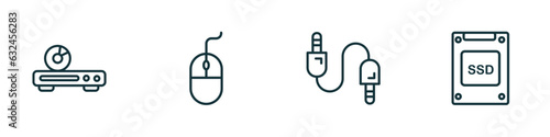 set of 4 linear icons from electronic devices concept. outline icons included dvd player, mouse, sound cable, ssd vector