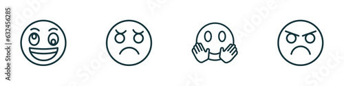 set of 4 linear icons from emoji concept. outline icons included weird emoji, annoyed emoji, hugging pouting vector
