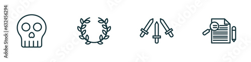 set of 4 linear icons from education concept. outline icons included yorick, laurel wreath, three musketeers, thesis vector
