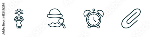 set of 4 linear icons from education concept. outline icons included woman with idea, sherlock holmes, wake up, attachment vector