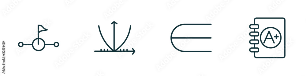 set of 4 linear icons from education concept. outline icons included halfway, parabolic function, is an element of, clipboard with a+ vector set of 4 linear icons from education concept. outline icons included halfway, parabolic function, is an element of, clipboard with a+ vector