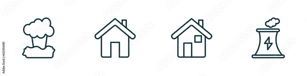 set of 4 linear icons from ecology concept. outline icons included geyser, green home, green house, power plant vector set of 4 linear icons from ecology concept. outline icons included geyser, green home, green house, power plant vector