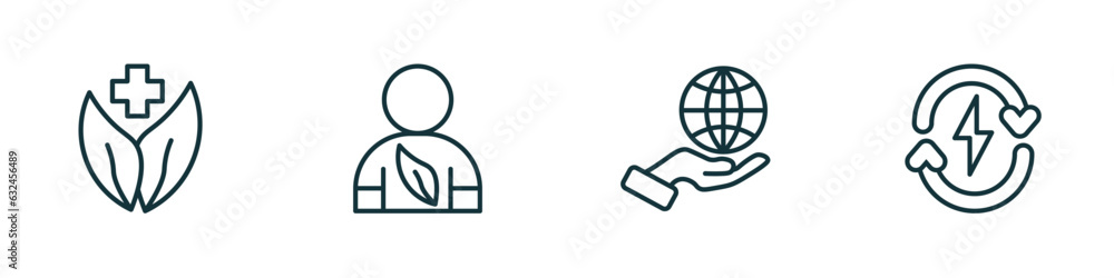 set of 4 linear icons from ecology concept. outline icons included natural product, eco volunteer, globe on hand, renewable energy vector set of 4 linear icons from ecology concept. outline icons included natural product, eco volunteer, globe on hand, renewable energy vector