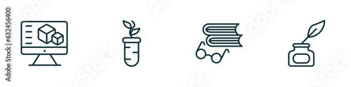set of 4 linear icons from literature concept. outline icons included 3d de, plant sample, book and glasses, ink vector