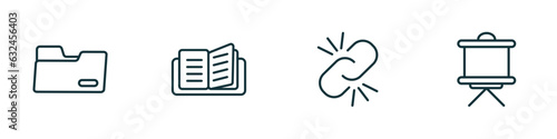 set of 4 linear icons from education concept. outline icons included black folder, reading an open book, binding, writing whiteboard vector