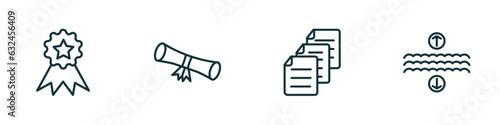 set of 4 linear icons from education concept. outline icons included top, diploma roll, various files, archimedes principle vector