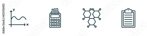 set of 4 linear icons from education concept. outline icons included sinusoid, adding hine, chemical formula, written clipboard vector