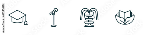 set of 4 linear icons from education concept. outline icons included graduation, microphone with stand, fountain, eco book vector
