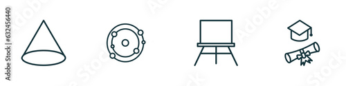 set of 4 linear icons from education concept. outline icons included cone geometrical, solar system, canvas, graduation pictures vector
