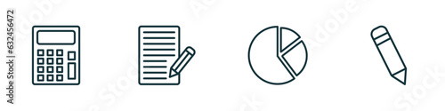 set of 4 linear icons from education concept. outline icons included small calculator, application form, pie chart, pencil vector