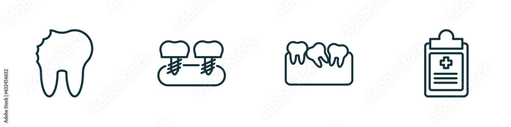 set of 4 linear icons from dentist concept. outline icons included cavity, fake tooth, malocclusion, health report vector set of 4 linear icons from dentist concept. outline icons included cavity, fake tooth, malocclusion, health report vector