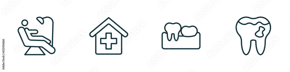 set of 4 linear icons from dentist concept. outline icons included examination, clinic, partial denture, cavities vector set of 4 linear icons from dentist concept. outline icons included examination, clinic, partial denture, cavities vector