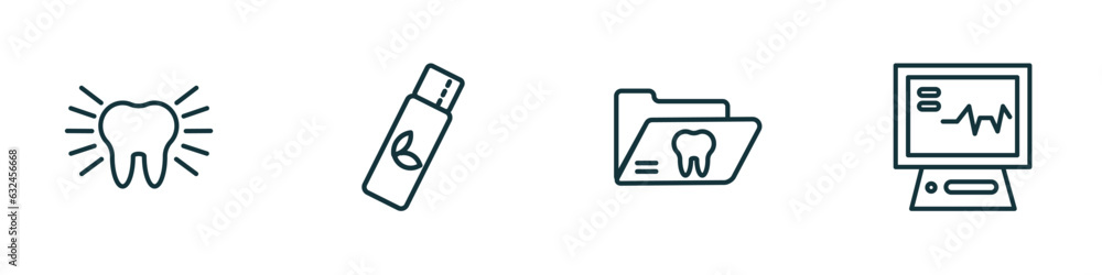 set of 4 linear icons from dentist concept. outline icons included clean tooth, chewing gum, dental folder, ekg monitor vector