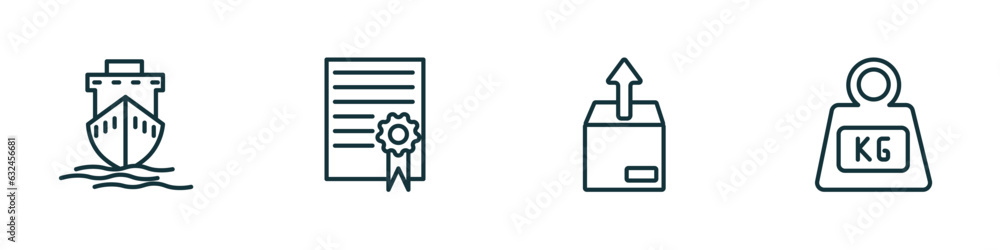 set of 4 linear icons from delivery and logistic concept. outline icons included ship by sea, charter, unpacking, weight vector set of 4 linear icons from delivery and logistic concept. outline icons included ship by sea, charter, unpacking, weight vector