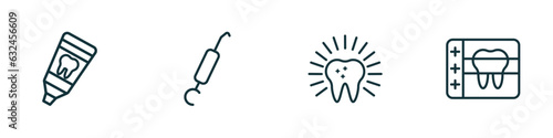 set of 4 linear icons from dentist concept. outline icons included toothpaste tube, periodontal scaler, dental, radiograph vector