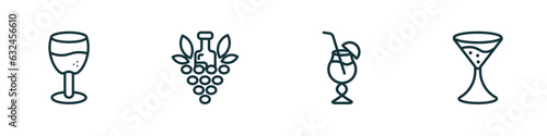 set of 4 linear icons from drinks concept. outline icons included brandy glass, bunch of grapes, blue lagoon, flirtini vector