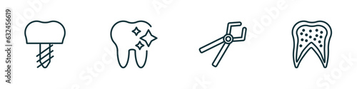 set of 4 linear icons from dentist concept. outline icons included implant, tooth whitening, tooth pliers, inner tooth vector
