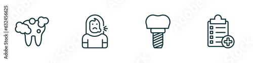 set of 4 linear icons from dentist concept. outline icons included tooth cleaning, sick girl, implant, medical list vector