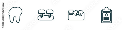 set of 4 linear icons from dentist concept. outline icons included cavity, fake tooth, malocclusion, health report vector