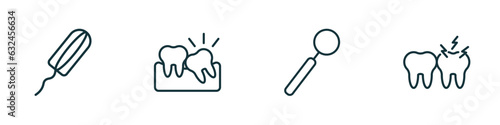 set of 4 linear icons from dentist concept. outline icons included tampon, wisdom tooth, dentist mirror, toothache vector
