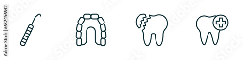 set of 4 linear icons from dentist concept. outline icons included dental probe, maxilla, broken tooth, healthy tooth vector