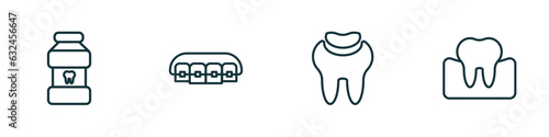 set of 4 linear icons from dentist concept. outline icons included mouth wash, lingual braces, dental filling, occlusal vector