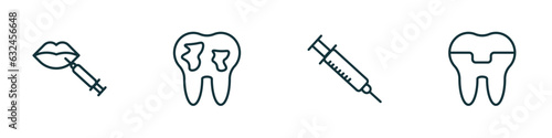 set of 4 linear icons from dentist concept. outline icons included filler, decay, empty syringe, molar crown vector