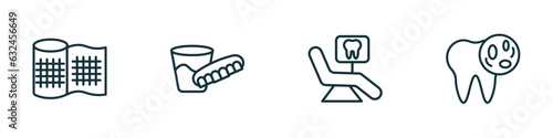 set of 4 linear icons from dentist concept. outline icons included gauze, denture, dental monitor, bacteria in mouth vector