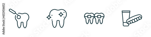 set of 4 linear icons from dentist concept. outline icons included scraping, shiny tooth, dental brackets, dentures vector
