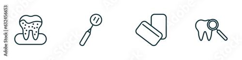 set of 4 linear icons from dentist concept. outline icons included dental plaque, mouth mirror, mint gum, check up vector