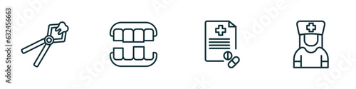 set of 4 linear icons from dentist concept. outline icons included tooth extraction, overdenture, medical prescription, male nurse vector