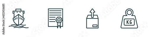 set of 4 linear icons from delivery and logistic concept. outline icons included ship by sea, charter, unpacking, weight vector