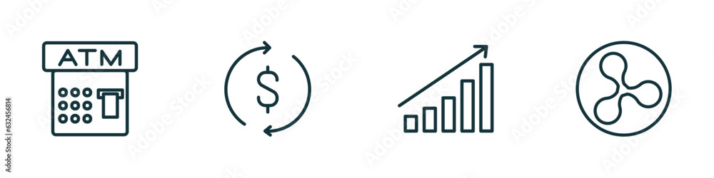 set of 4 linear icons from cryptocurrency concept. outline icons included atm, dollar reload, stocks, ripple vector set of 4 linear icons from cryptocurrency concept. outline icons included atm, dollar reload, stocks, ripple vector