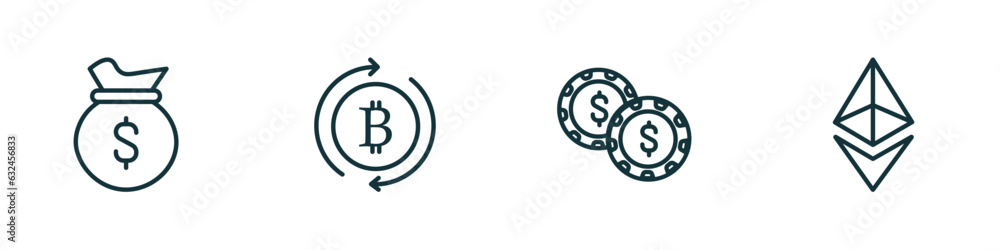 set of 4 linear icons from cryptocurrency concept. outline icons included money bag, currency circulate, casino chips, vector set of 4 linear icons from cryptocurrency concept. outline icons included money bag, currency circulate, casino chips, vector