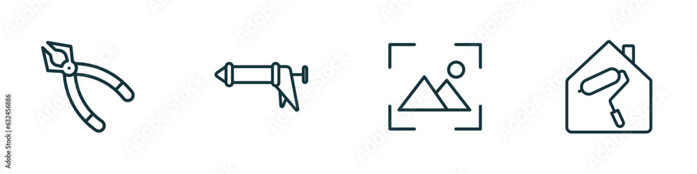 set of 4 linear icons from construction tools concept. outline icons included plier, caulk gun, wallpaper, home repair vector set of 4 linear icons from construction tools concept. outline icons included plier, caulk gun, wallpaper, home repair vector