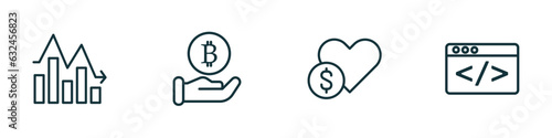 set of 4 linear icons from cryptocurrency concept. outline icons included fluctuation, bitcoin accepted, donate, programming vector