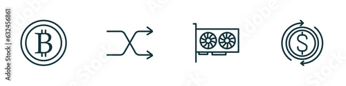 set of 4 linear icons from cryptocurrency concept. outline icons included bitcoins, random, video card, money flow vector