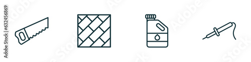 set of 4 linear icons from construction and tools concept. outline icons included carpenter saw, parquet, gallon oil, iron soldering vector