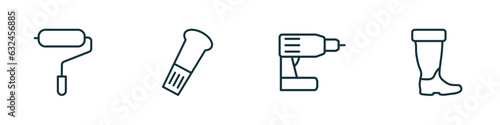 set of 4 linear icons from construction tools concept. outline icons included paint roller, wedge tool, cordless drill, rubber boots vector