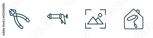 set of 4 linear icons from construction tools concept. outline icons included plier, caulk gun, wallpaper, home repair vector