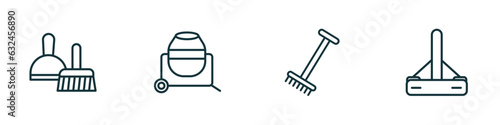 set of 4 linear icons from construction tools concept. outline icons included dustpan and brush, concrete mixer, gardening rake, bump cutter vector