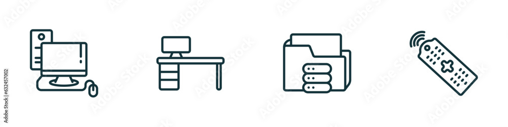 set of 4 linear icons from computer concept. outline icons included computer, boss office, connected folder data, tv controller vector set of 4 linear icons from computer concept. outline icons included computer, boss office, connected folder data, tv controller vector