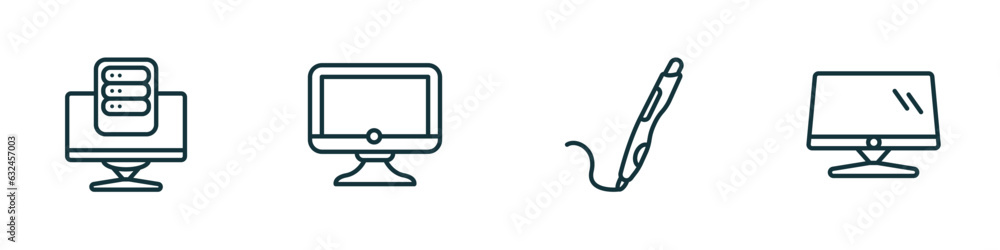 set of 4 linear icons from computer concept. outline icons included pc storage, full computer, 3d printing pen, monitor screen vector set of 4 linear icons from computer concept. outline icons included pc storage, full computer, 3d printing pen, monitor screen vector