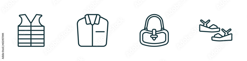 set of 4 linear icons from clothes concept. outline icons included padded vest, formal shirt, hobo bag, platform sandals vector set of 4 linear icons from clothes concept. outline icons included padded vest, formal shirt, hobo bag, platform sandals vector
