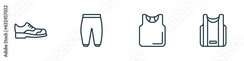 set of 4 linear icons from clothes concept. outline icons included leather derby shoe, harem pants, sleeveless shirt, basketball jersey vector