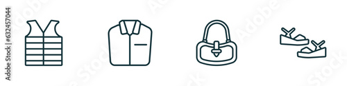 set of 4 linear icons from clothes concept. outline icons included padded vest, formal shirt, hobo bag, platform sandals vector